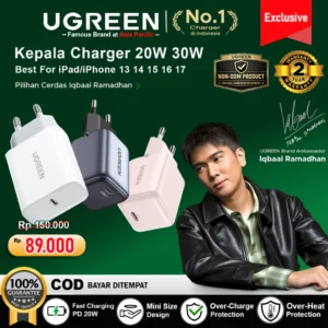UGREEN Adaptor Kepala Charger iPhone 17 16 15 14 13 12 11 Type C PD Fast Charging 20W 30W 45W