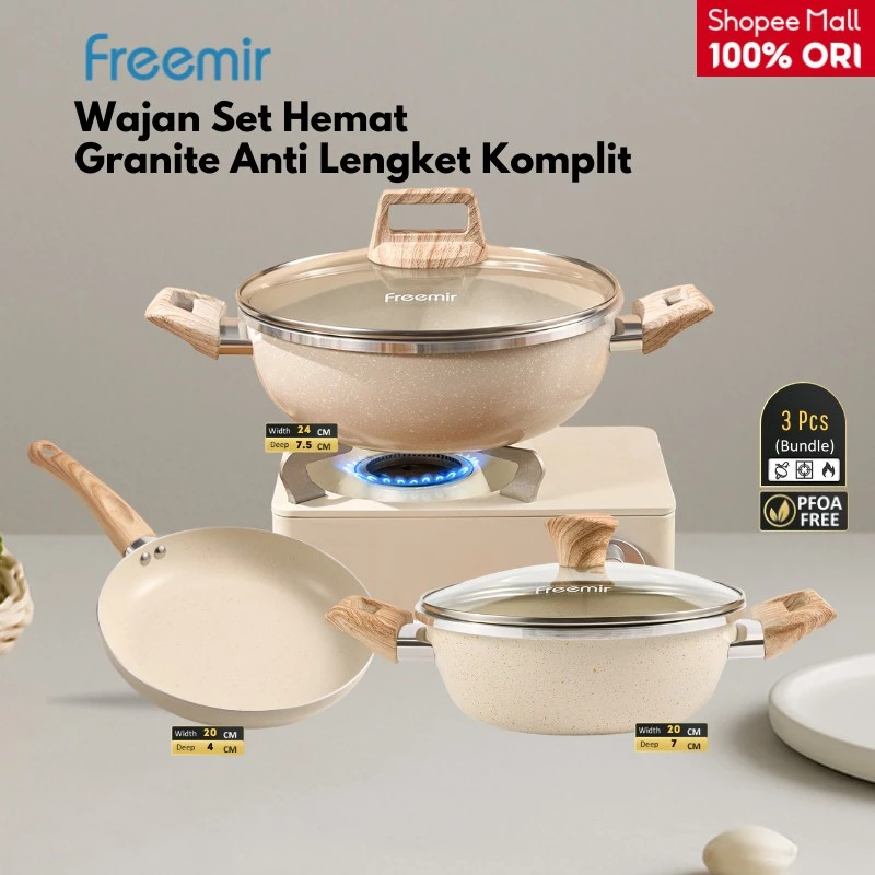 Special freemir 3in1 Wajan Panci Frypan Granite 20/20/24 Cm Warna Beige Anti Lengket Serbaguna wajan anti lengket