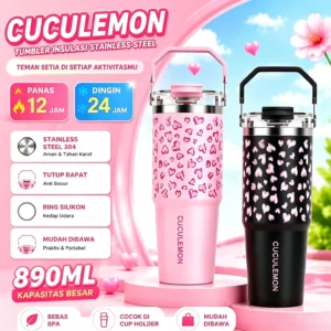 Cuculemon Tumbler 890ml Stainless Steel 316 Termos Air Panas Dingin Anti Bocor 2 Mode Minum Botol Kopi Motif Hati