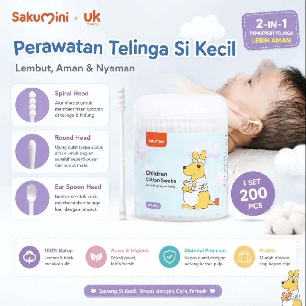 Sakumini Cotton Bud 2in1 Pembersih Telinga 2 Sisi Korek Kuping Bayi